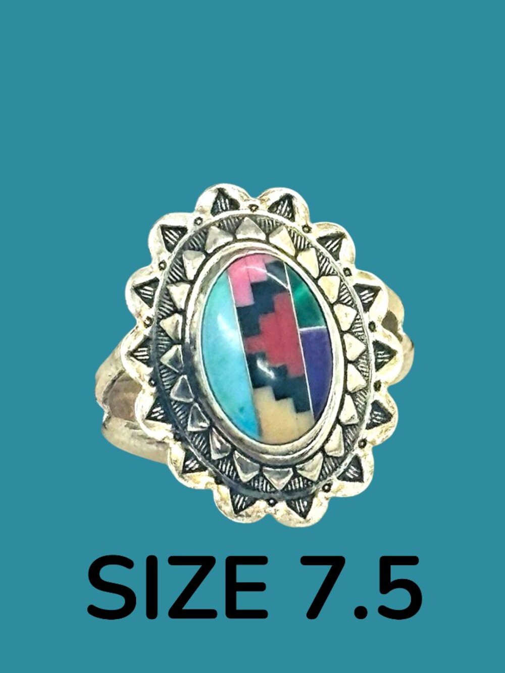 VTG Zuni Inlay Oval Shape Sterling Size 7.5 Ring Mosaic multicolor Gemstones Q.T